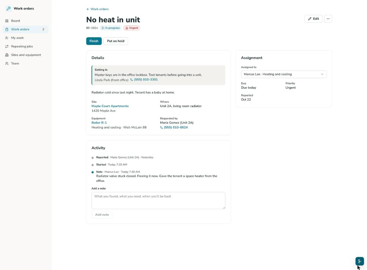 Work order WO-1014, No heat in unit, urgent and in progress: getting-in notes, the site and unit, equipment Boiler B-1, the tenant who reported it, Marcus Lee assigned and due today, an activity timeline with a note, and Finish and Put on hold buttons.