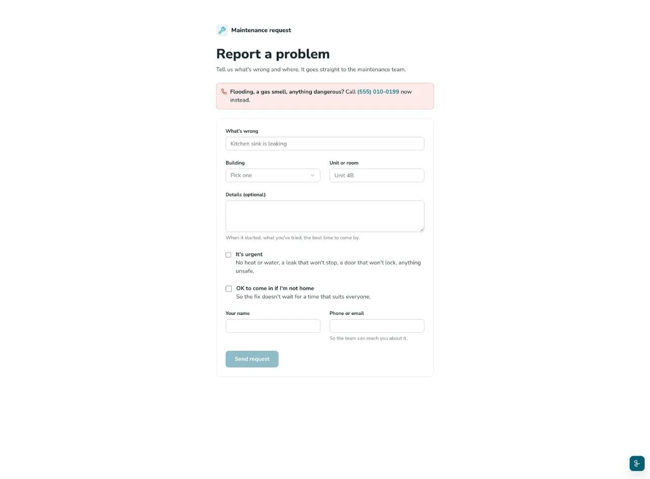 The work order app's request page, Report a problem: what's wrong, building, unit or room, details, It's urgent and OK to come in if I'm not home checkboxes, name, and phone or email, with an emergency number at the top.